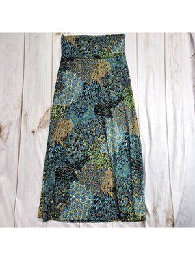 Azules Y2K Boho Paisley Peacock Foldover Maxi Skirt Women Size L Festival Hippie